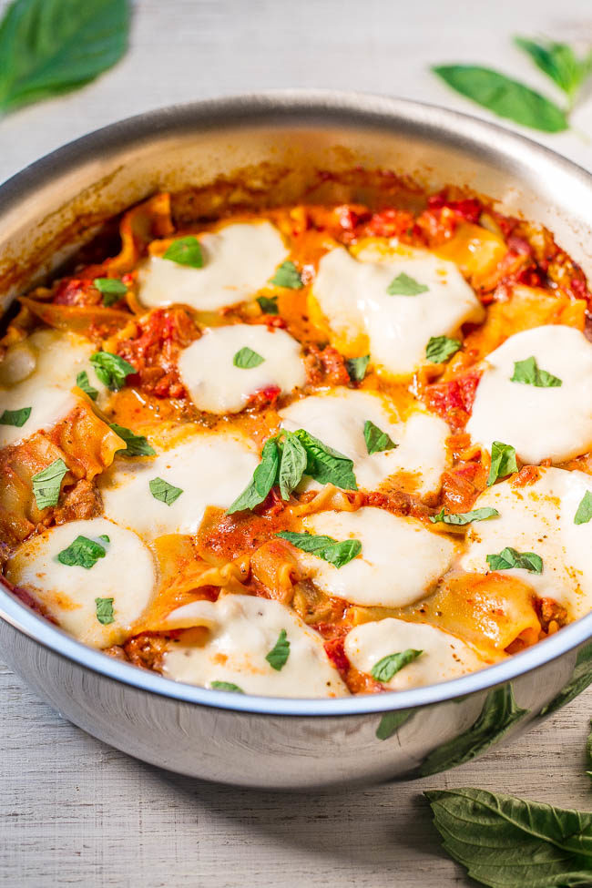 Easy 30-Minute Skillet Lasagna in pan with basil