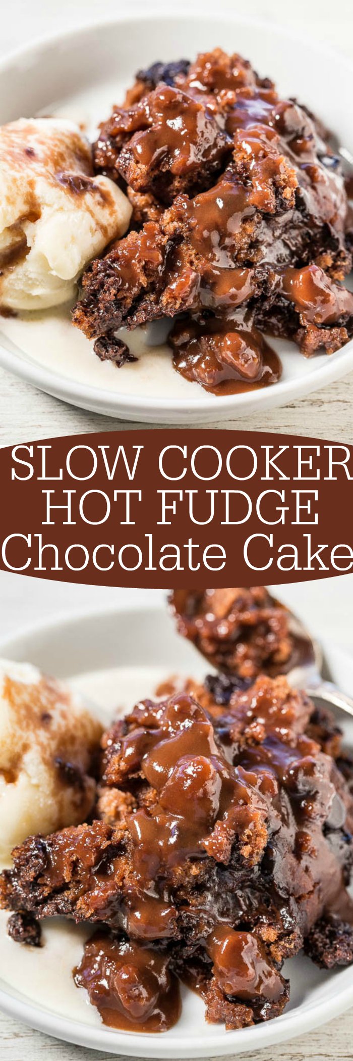 Slow Cooker Hot Fudge Chocolate Cake - Super soft, gooey, rich, and fudgy!! The cake makes its own hot fudge sauce while cooking in the slow cooker! The easiest cake you'll ever make and it tastes amazing!!