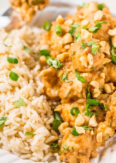 A plate of chicken with peanut sauce garnished with green onions, served alongside rice.