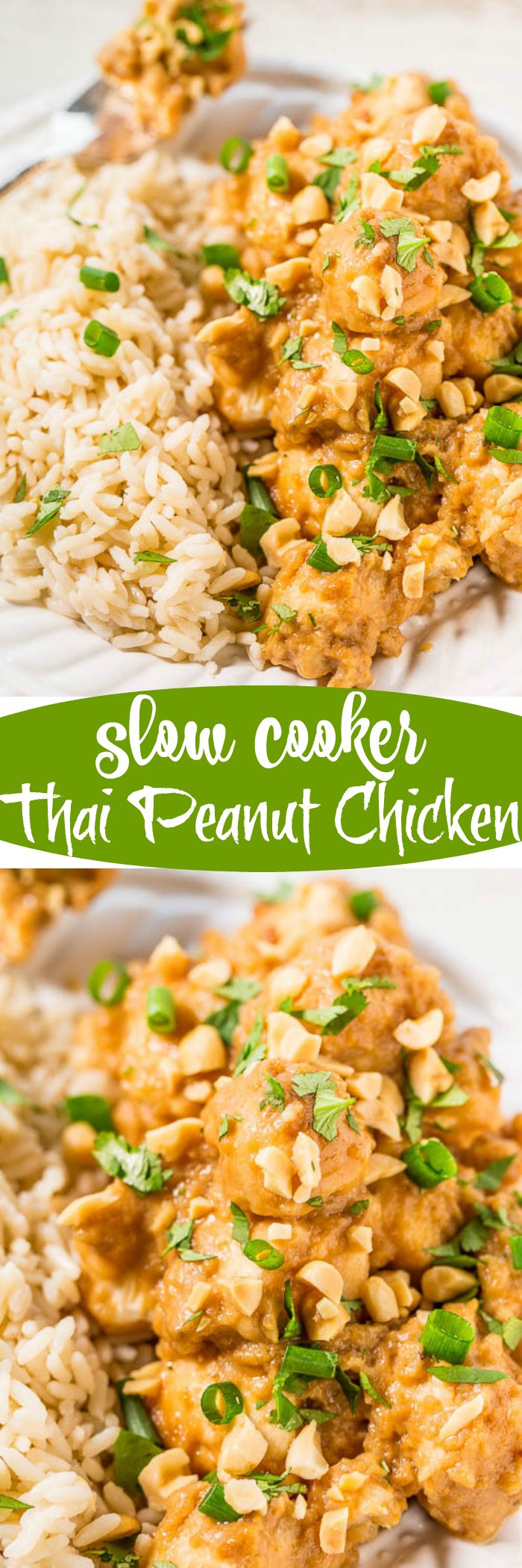 Slow Cooker Thai Peanut Chicken - The easiest peanut chicken ever and your slow cooker does all the work!! Topped with crunchy peanuts, cilantro, green onions, and the peanut sauce is irresistible!!