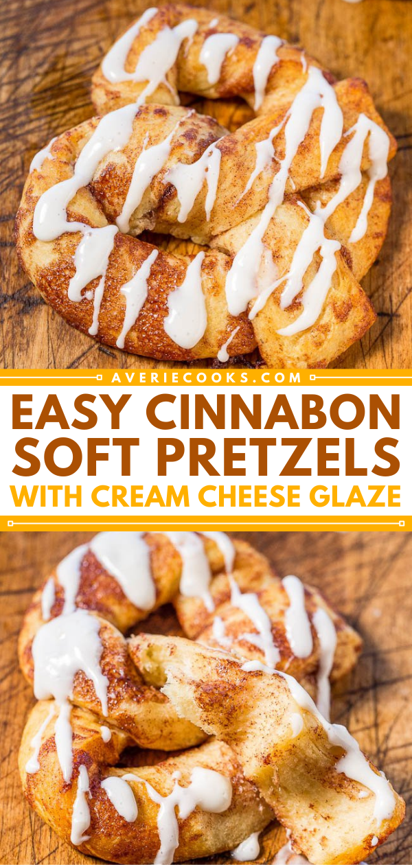 Copycat Cinnabon Cinnamon Sugar Pretzels with Cream Cheese Glaze — A marriage of Cinnabon's and Auntie Anne's in one easy treat that's ready in 15 minutes!! Soft pretzels that taste like cinnamon rolls so you don't have to choose between favorites!!