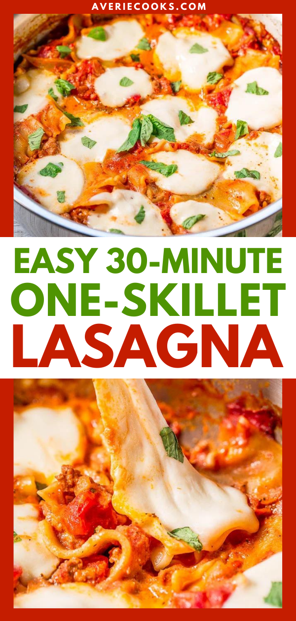 Easy 30-Minute Skillet Lasagna — Everything cooks in one skillet and you don't even need to boil the noodles separately!! Full of classic lasagna flavor but so much faster and easier! Now you can make lasagna on busy weeknights!!