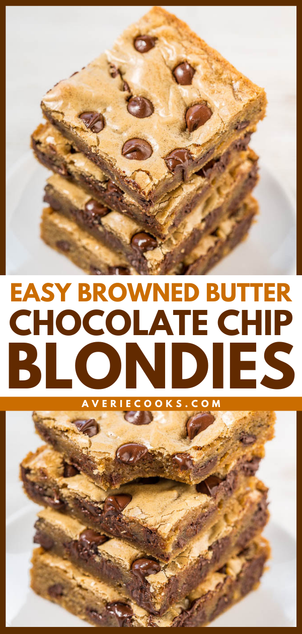 Browned Butter Chocolate Chip Blondies - Super soft, slightly chewy, loaded with chocolate chips, and the browned butter takes them to the next level!! Fast, easy, no-mixer recipe that you HAVE to try!!