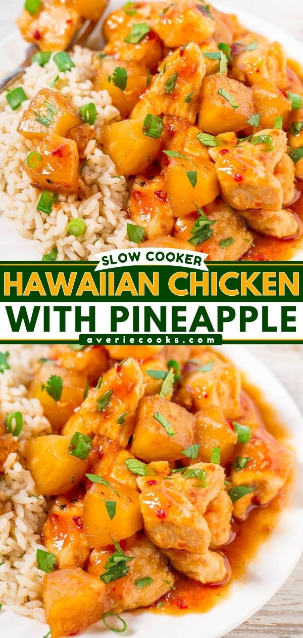 This Slow Cooker Hawaiian Chicken is packed with pineapple flavor thanks to the combination of pineapple preserves and canned pineapple. Serve it over rice for a quick weeknight dinner!