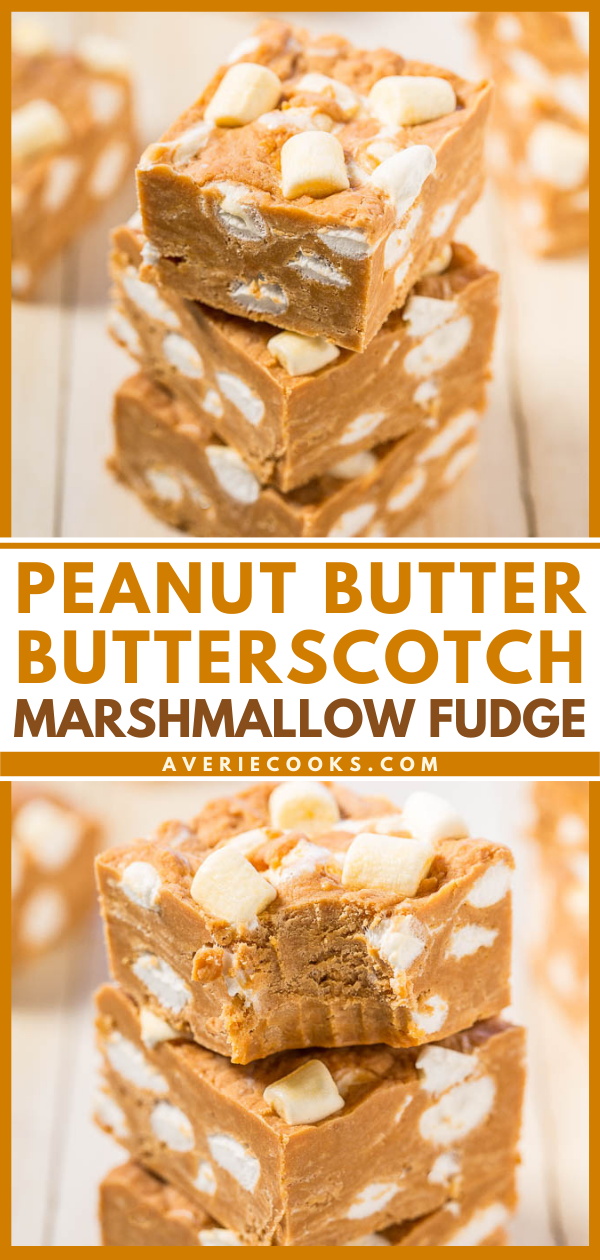 Peanut Butter Butterscotch Marshmallow Fudge - Easy, no-bake fudge with bold peanut butter flavor!! Peanut butter lovers will go nuts! The marshmallows are like biting into soft clouds amidst dense, rich fudge!!