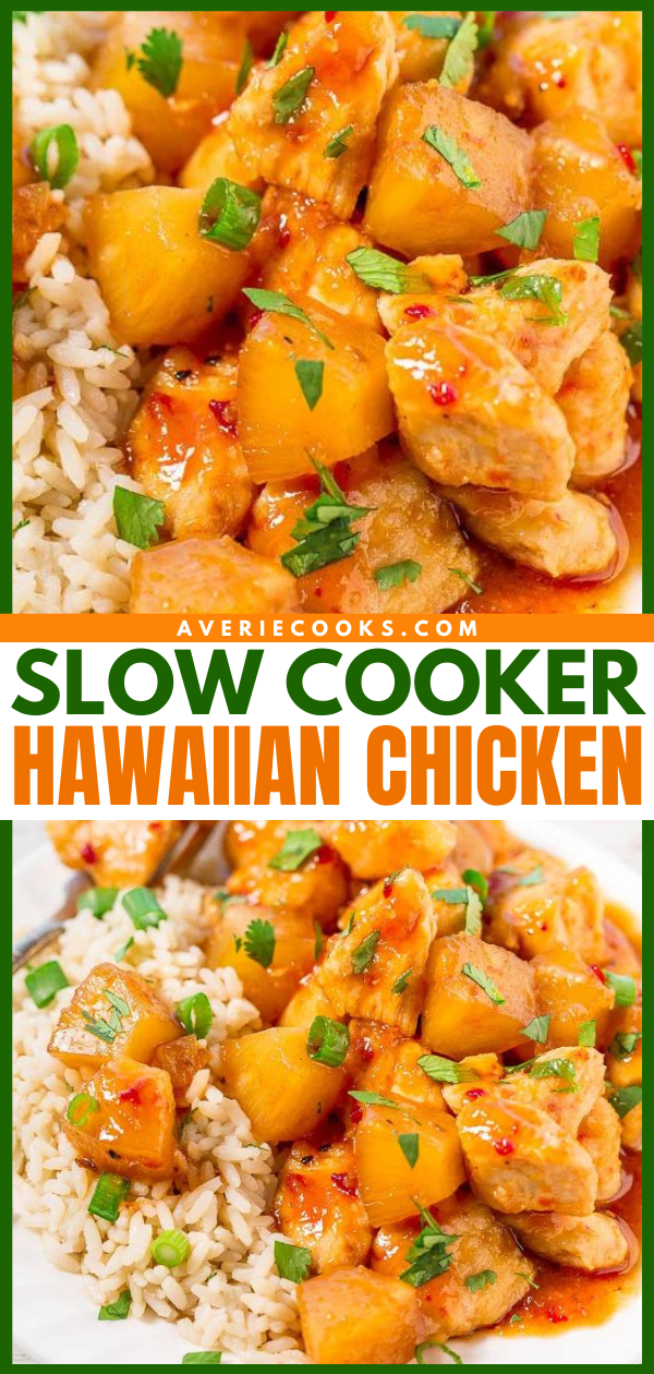 This Slow Cooker Hawaiian Chicken is packed with pineapple flavor thanks to the combination of pineapple preserves and canned pineapple. Serve it over rice for a quick weeknight dinner! 