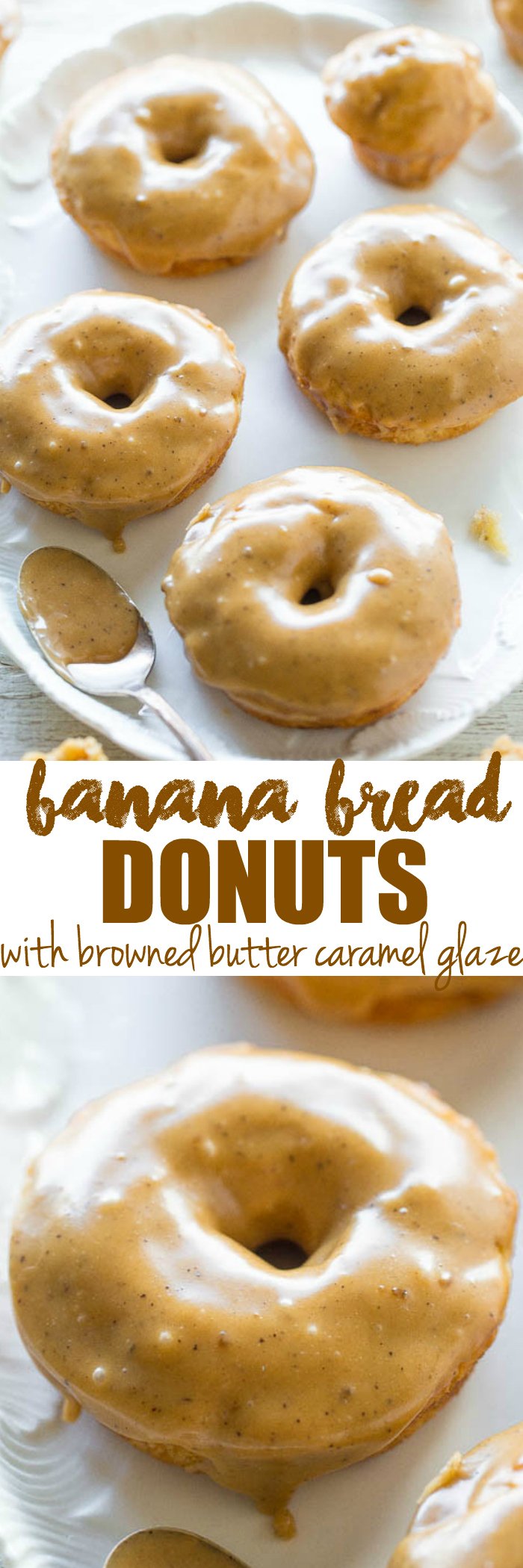 Banana Bread Donuts with Browned Butter Caramel Glaze - Banana bread in the form of soft, fluffy baked donuts and donut holes!! No-mixer recipe that's as easy as making muffins! The glaze makes them IRRESISTIBLE!!