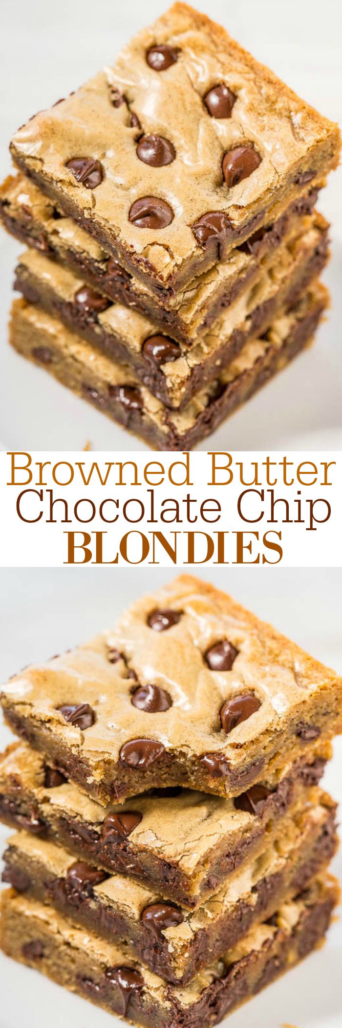 Browned Butter Chocolate Chip Blondies - Super soft, slightly chewy, loaded with chocolate chips, and the browned butter takes them to the next level!! Fast, easy, no-mixer recipe that you HAVE to try!!