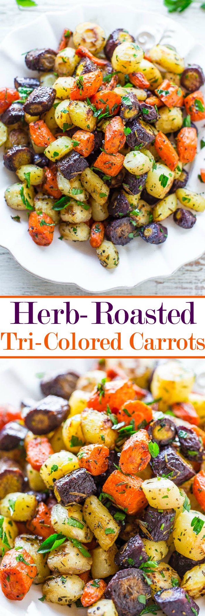 Herb-Roasted Tri-Colored Carrots - Lightly caramelized around the edges, crisp-tender in the center, and seasoned with rosemary, thyme, and parsley!! A trusty side that you'll make again and again for holidays or easy weeknight dinners!!