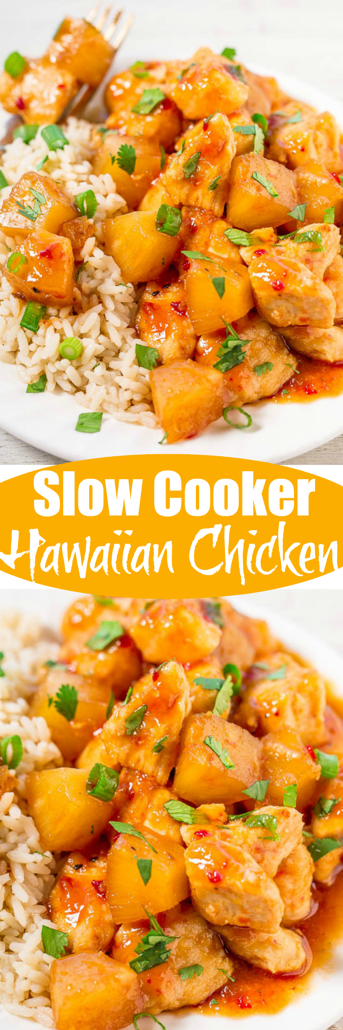 Slow Cooker Hawaiian Chicken with Pineapple - Tender chicken with lots of pineapple makes you feel like you're eating dinner on a Hawaiian vacation without leaving home!! Ridiculously easy, packed with flavor, and a hit with everyone!!