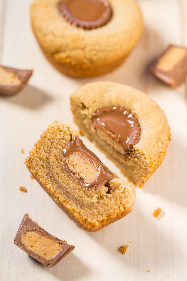 Peanut Butter Cup Cookies — Have problems with cookies spreading? It's impossible with these easy, no-mixer, goofproof peanut butter cookies baked in a muffin tin!! The peanut butter cups make them SO irresistible!!