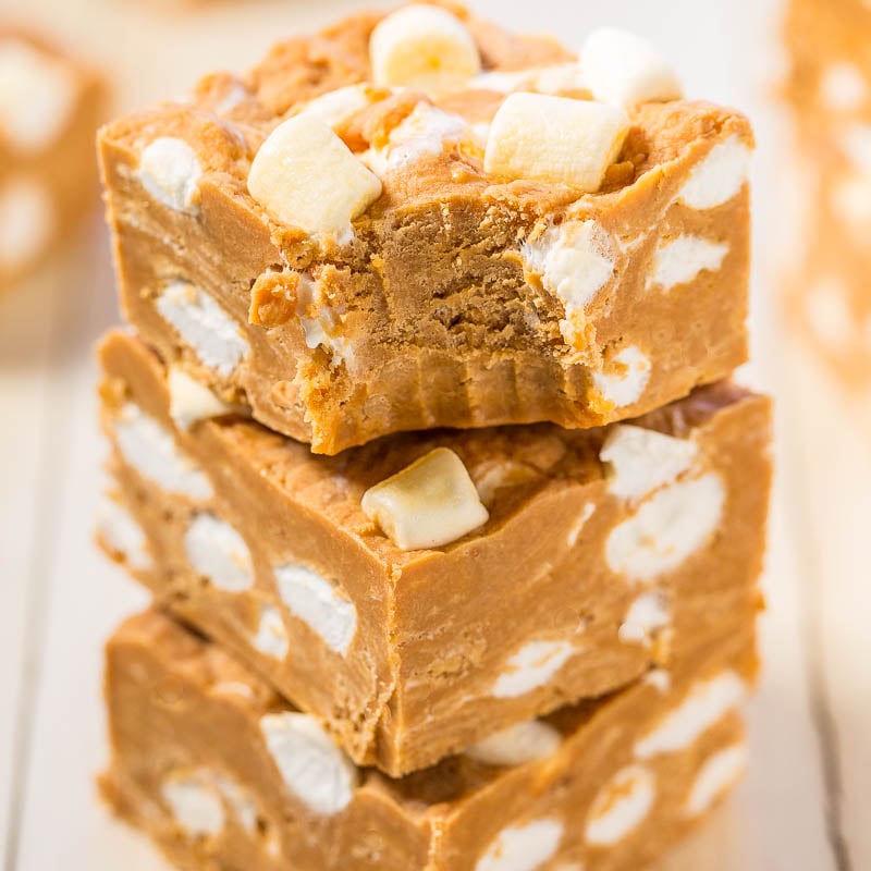 Stack of peanut butter fudge with marshmallows.