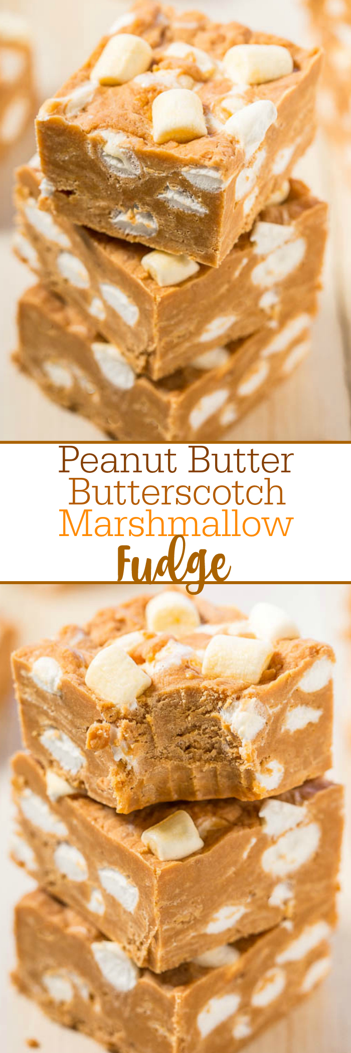 Peanut Butter Butterscotch Marshmallow Fudge - Easy, no-bake fudge with bold peanut butter flavor!! Peanut butter lovers will go nuts! The marshmallows are like biting into soft clouds amidst dense, rich fudge!!