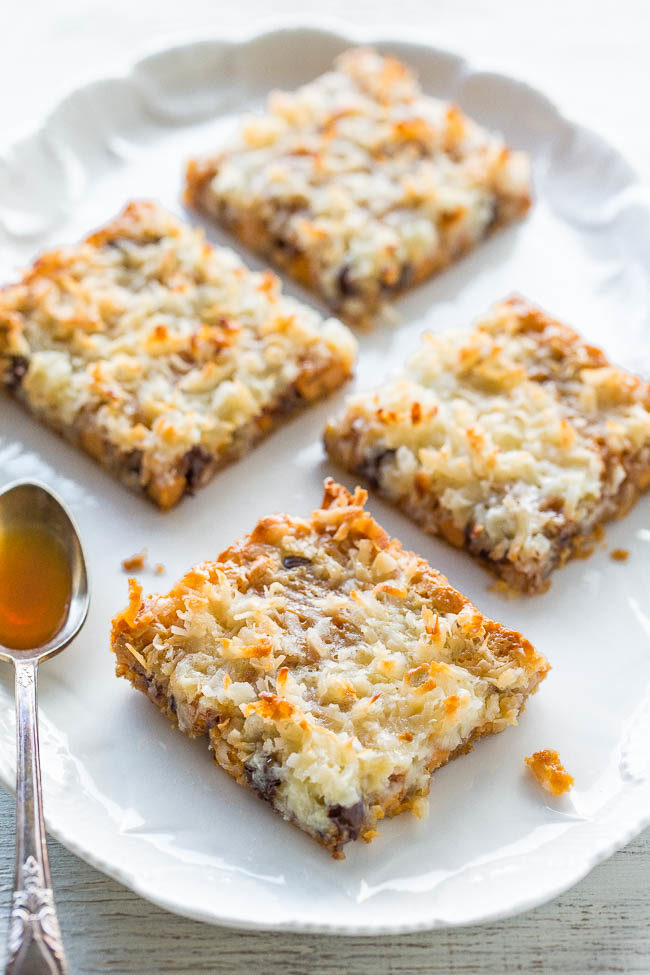 Salted Caramel Magic Bars - A fun twist on the classic bars because everything is better with salted caramel!! Fast, easy, no-mixer recipe that'll be a hit with everyone!!