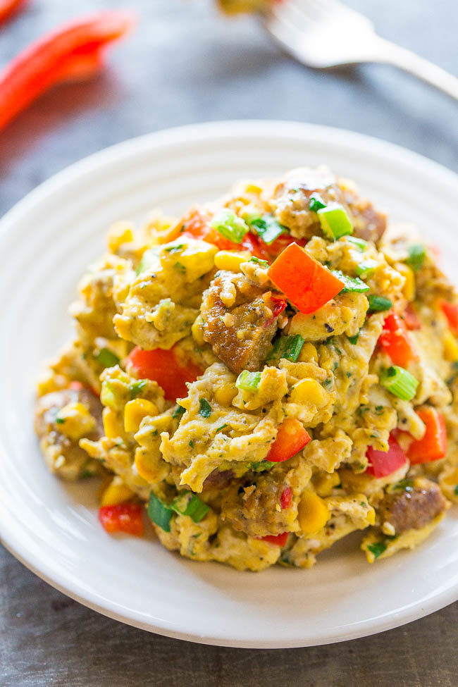 Loaded Southwestern Scramble - Don't settle for plain scrambled eggs when you can have these!! Peppers, onions, corn, and more for flavor and texture! Easy, ready in 10 minutes, and healthy!!