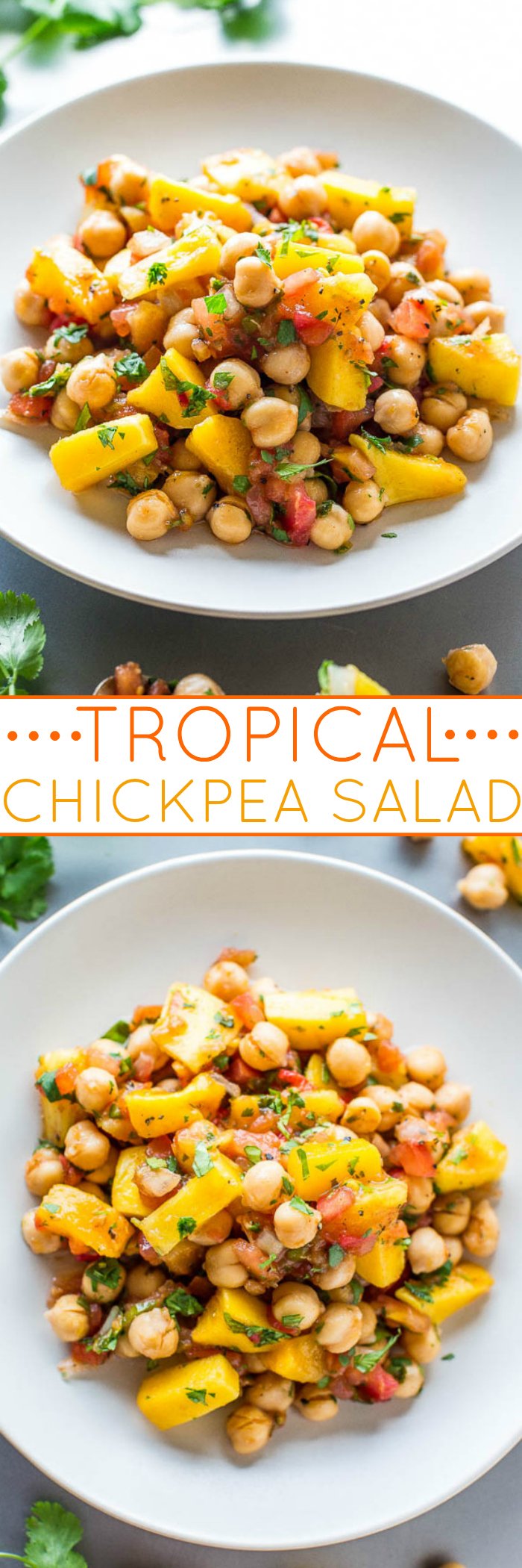 Tropical Chickpea Salad - Pineapple, mango, pineapple salsa, and pico de gallo tossed with chickpeas for a salad that tastes like a tropical vacation!! Easy, ready in 5 minutes, loaded with sweet-yet-savory flavor, and so healthy!!