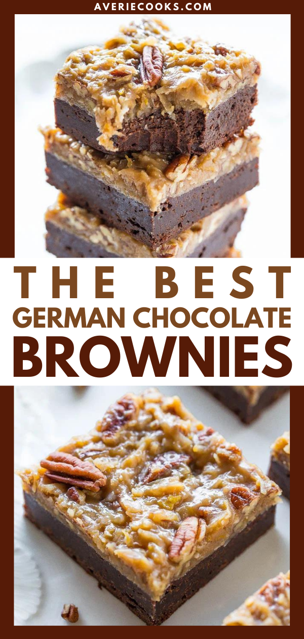 The Best German Chocolate Brownies — Rich, ultra fudgy brownies topped with the best German chocolate frosting!! Sinfully delicious! Easy, no-mixer recipe that's an automatic hit with everyone!!