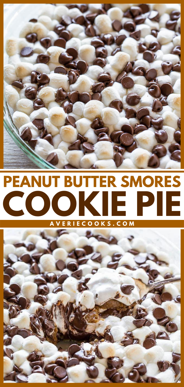 Peanut Butter Cookie S'mores Pie — A peanut butter and graham cracker cookie underneath gooey marshmallows and melted chocolate!! You don't need a campfire for these easy and AMAZING smores! Grab a spoon and dig in!!