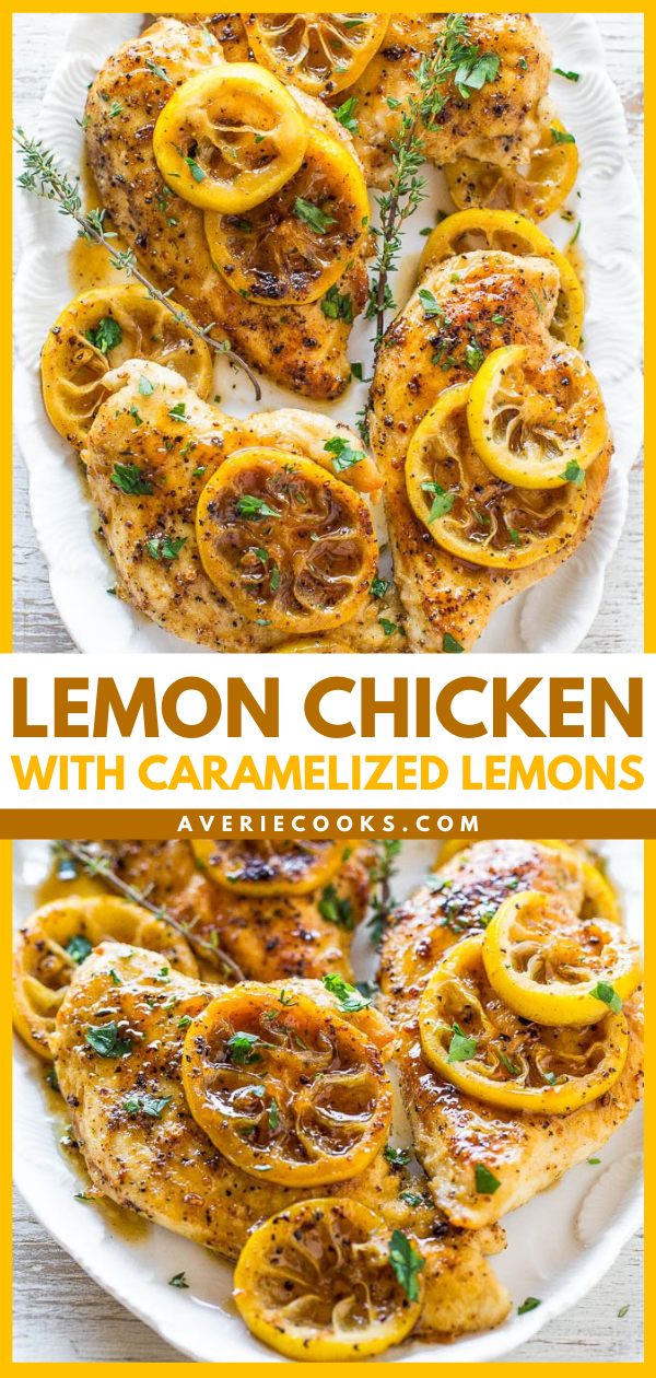 Easy Lemon Pepper Chicken with Caramelized Lemons — If you like lemons you're going to love this very lemony LEMON chicken!! Easy, healthy, ready in 20 minutes, and bursting with bold lemon flavor!!