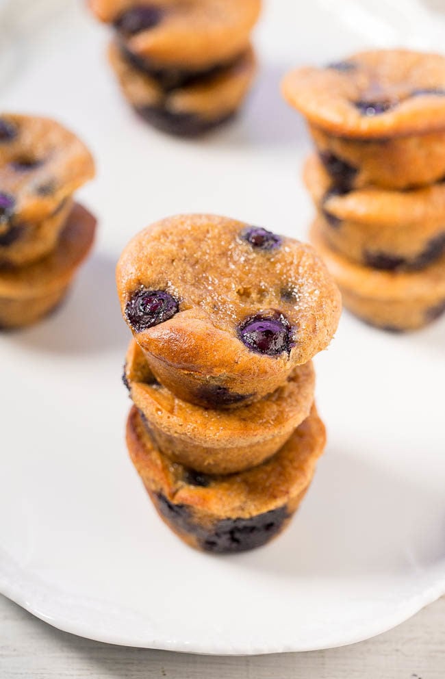 Flourless Blueberry Banana Blender Muffins - NO refined sugar, flour, or oil, and under 100 calories!! Super soft, loaded with blueberries, and taste AMAZING!! As easy as turning on your blender!!