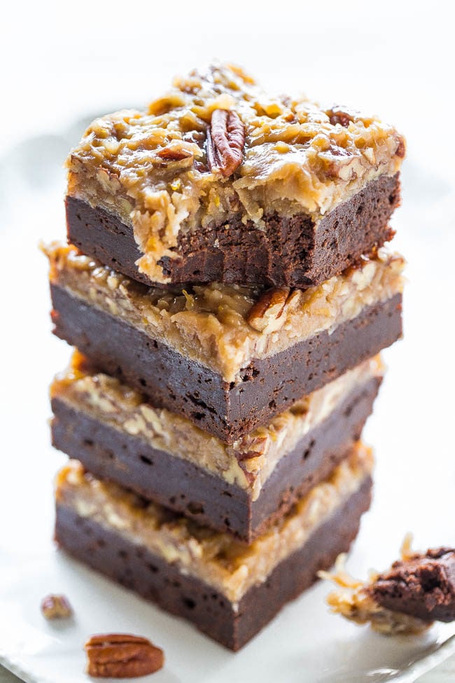 The Best German Chocolate Brownies - Rich, ultra fudgy brownies topped with the best German chocolate frosting!! Sinfully delicious! Easy, no-mixer recipe that's an automatic hit with everyone!!