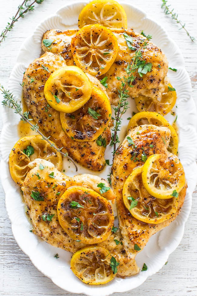Easy Lemon Chicken with Caramelized Lemons - If you like lemons you're going to love this very lemony LEMON chicken!! Easy, healthy, ready in 20 minutes, and bursting with bold lemon flavor!!