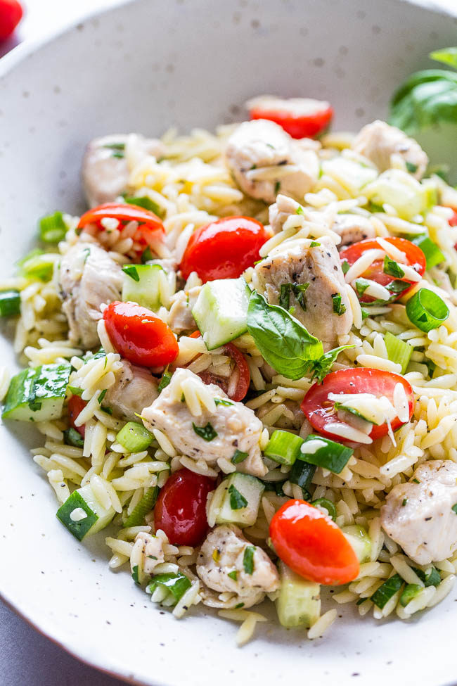 A white bowl of Chicken Orzo Salad 