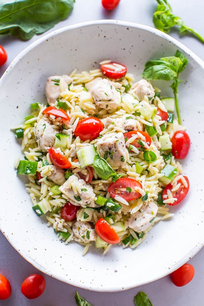 Chicken Orzo pasta Salad in large white bowl