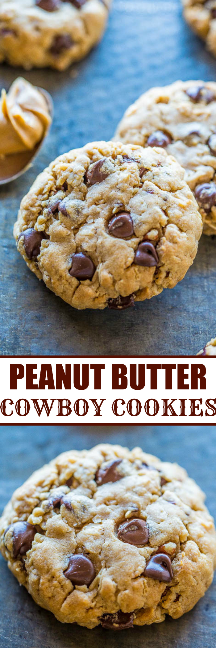 Peanut Butter Cowboy Cookies - Chewy oats, sweet coconut, crunchy pecans, peanut butter, and plenty of chocolate!! A true 'kitchen sink' cookie that stays soft and chewy! Everyone (not just cowboys) loves these cookies!!