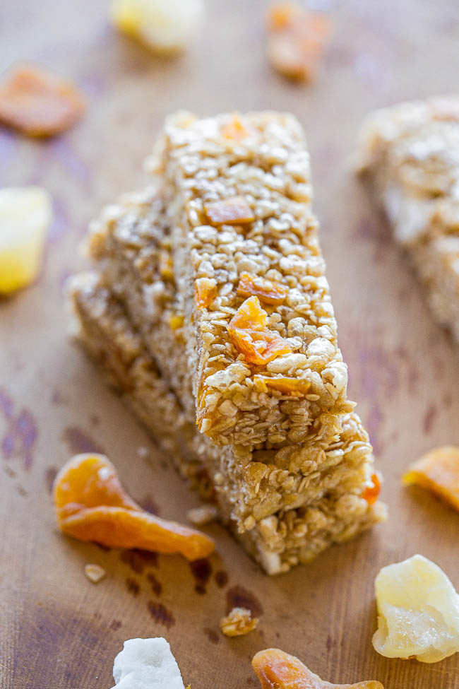 No-Bake Tropical Granola Bars - Soft, chewy, easy, and ready in minutes!! No baking or nut butter necessary! You won't miss storebought granola bars after tasting how AWESOME homemade bars are!!