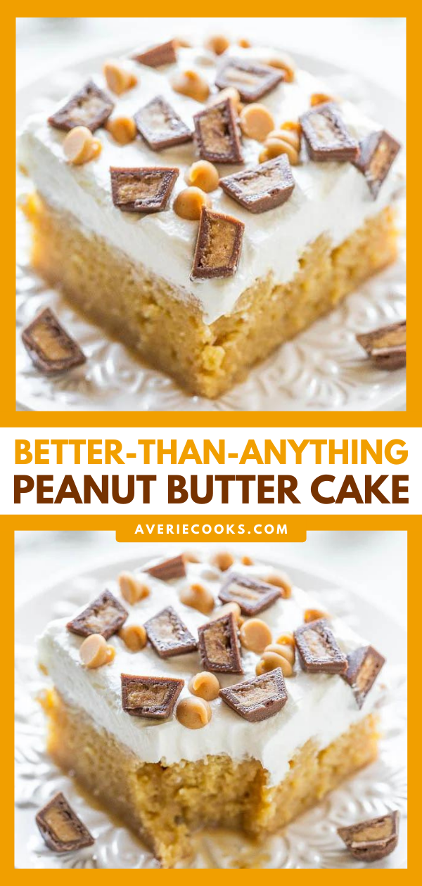 Peanut Butter Cake — This peanut butter poke cake is a super easy cake recipe. It's packed with peanut butter flavor and topped with a mix of peanut butter chips and peanut butter cups. Poke cakes don't get tastier than this!