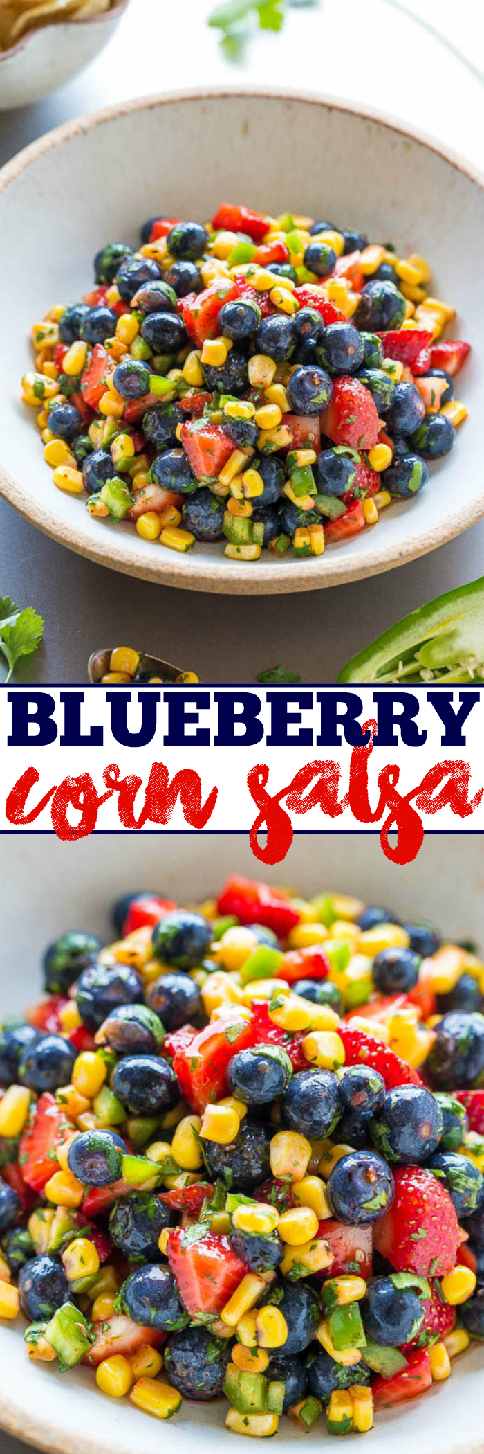 A colorful bowl of blueberry corn salsa with text overlay describing the dish.