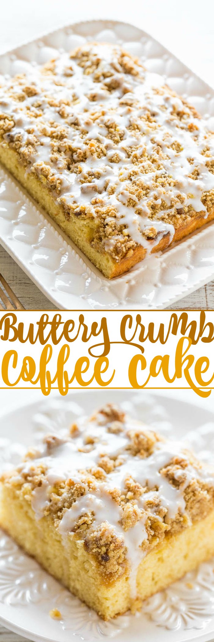 Buttery Crumb Coffee Cake - A soft, fluffy cake with cinnamon-brown sugar streusel CRUMBS and a perfectly sweet glaze!! An easy coffee cake that's perfect for brunch, holidays, or anytime you're CRAVING cake!!