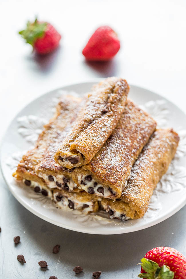 Cannoli French Toast Rollups - Don't settle for plain French toast when you can roll it up with cannoli filling!! Sweet, creamy, luscious, and loaded with chocolate chips! Easy and perfect for lazy weekend mornings or holiday brunches!!