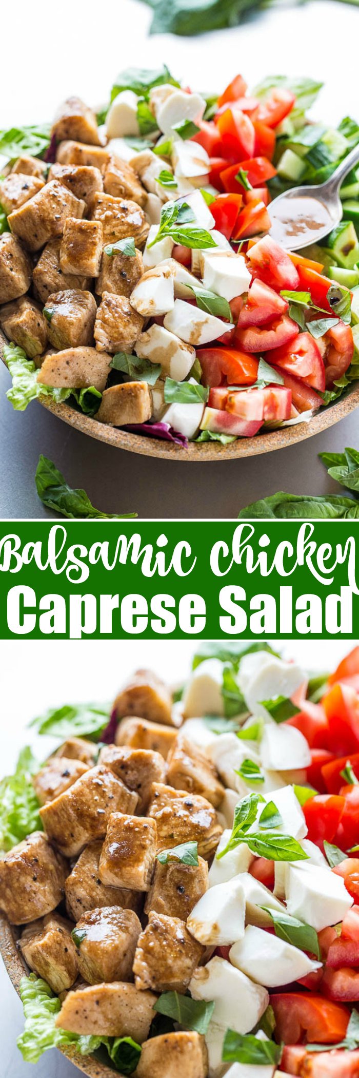 Balsamic Chicken Caprese Salad - Juicy chicken coated in balsamic along with plump tomatoes, creamy mozzarella, and basil!! Easy, healthy, ready in 15 minutes! The caprese salad you'll make AGAIN and again!!