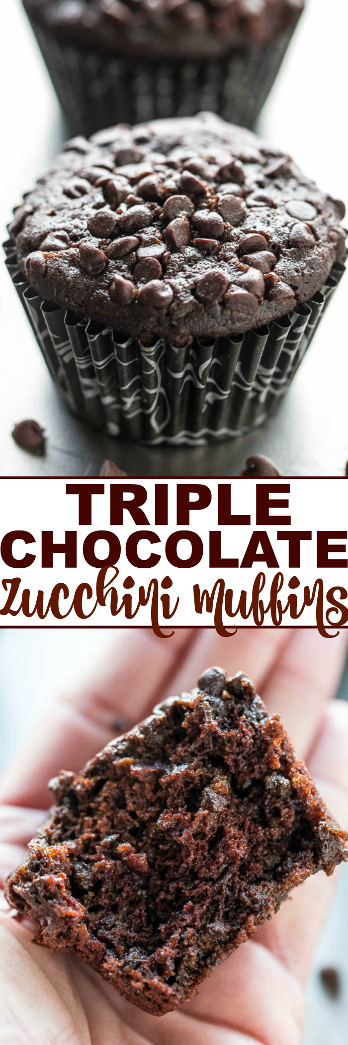 Triple Chocolate Zucchini Muffins - NO dairy or butter and only 1/4 cup oil in the entire batch!! Promise you CANNOT taste the zucchini but it keeps the muffins so soft and moist! Love sneaking in extra veggies with lots of CHOCOLATE!!