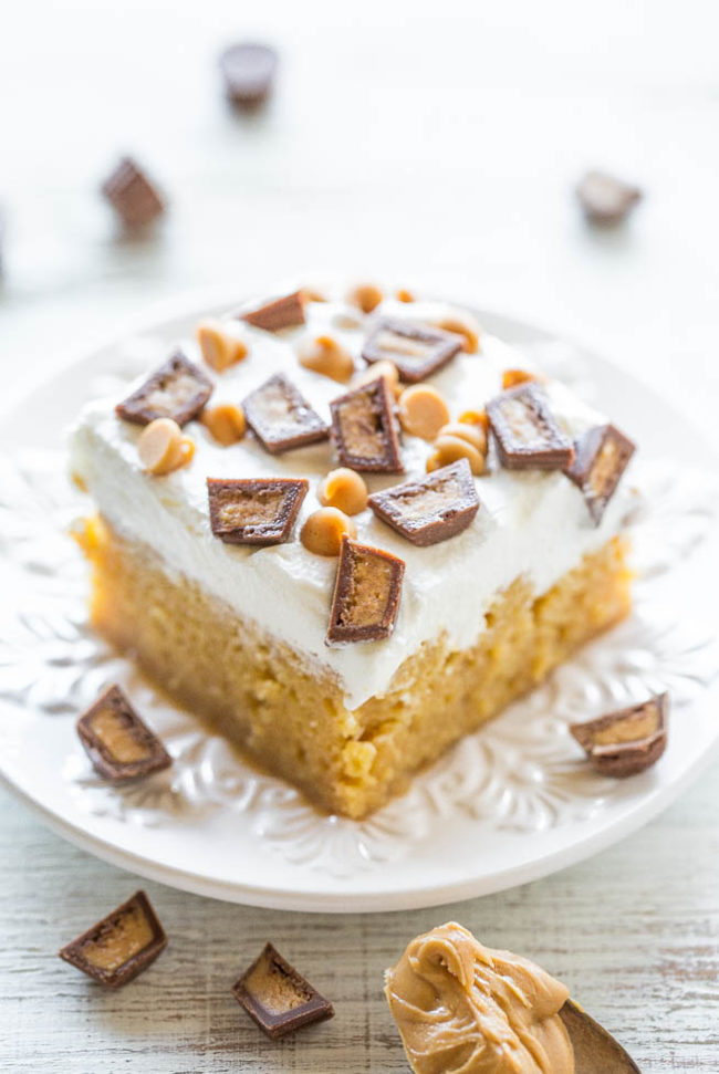Better-Than-Anything Peanut Butter Cake - A peanut butter lovers dream: PB, PB chips, and PB cups!! An easy, no-mixer poke cake that's drenched with caramel to keep it super moist! Lives up to it's name and tastes AMAZING!!