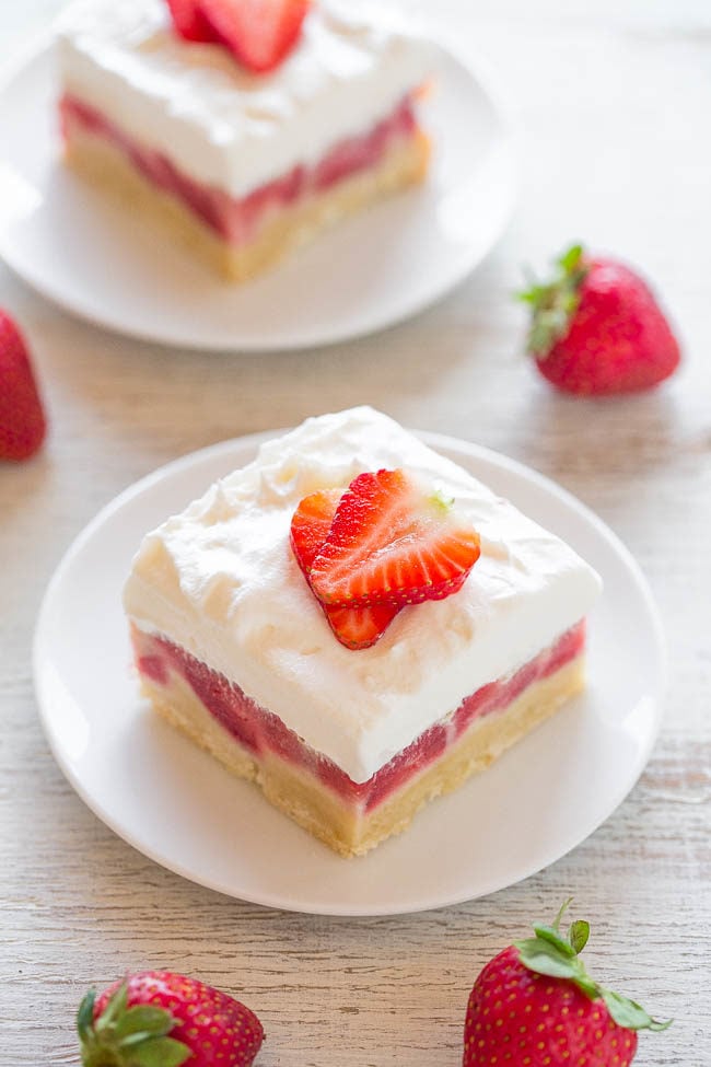 Strawberry Custard Bars - Easy no mixer bars with a shortbread crust, one pound of fresh berries, a layer of sweet custard, and creamy whipped topping!! A perfect warm weather dessert that everyone LOVES!!