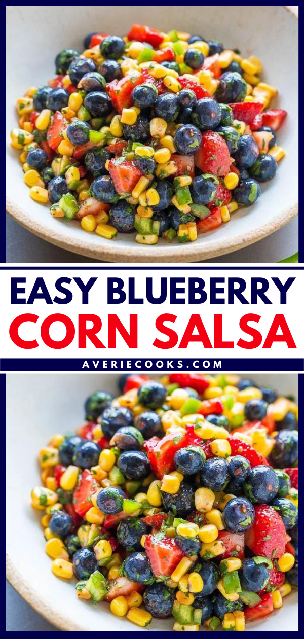 Corn and Blueberry Salsa — Berries, corn, jalapeno, cilantro, and more in this EASY and healthy salsa that's ready in 5 minutes!! So good you can eat it on it's own like a salad! The sweet fruit balances the heat and it's a guaranteed HIT!!
