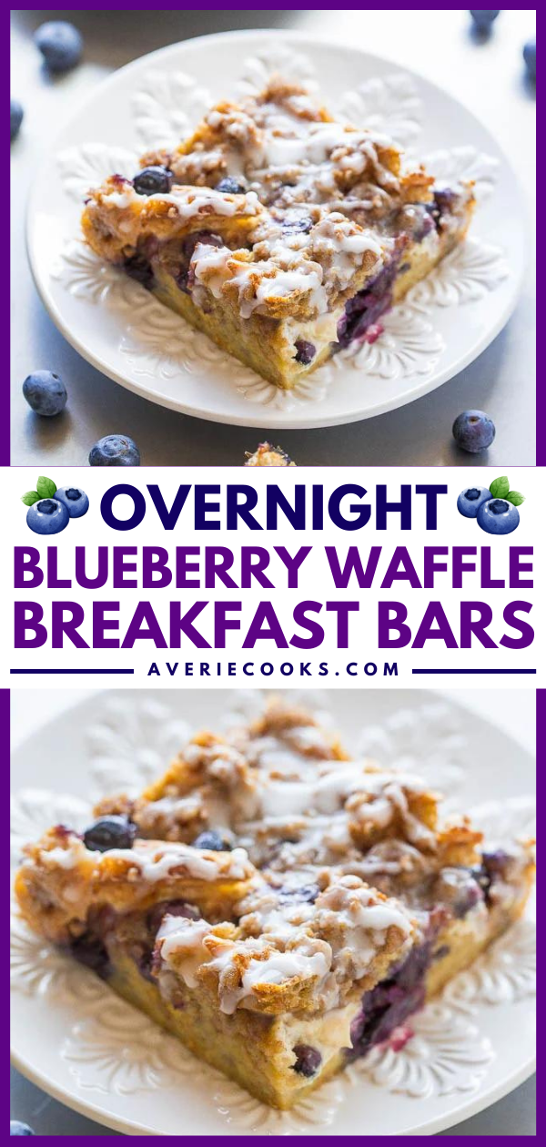 Overnight Blueberry Waffle Breakfast Bars - Blueberry waffles layered with cream cheese, blueberries, streusel, a glaze, and more for one of the BEST breakfasts ever!! It's dessert for breakfast! Assemble it the night before for a mindlessly easy and AMAZING breakfast or brunch!! 