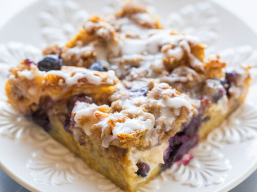 Overnight Blueberry Waffle Casserole with Streusel Topping