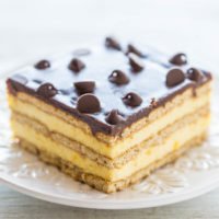 A slice of layered cake with chocolate ganache topping and chocolate chips on a white plate.