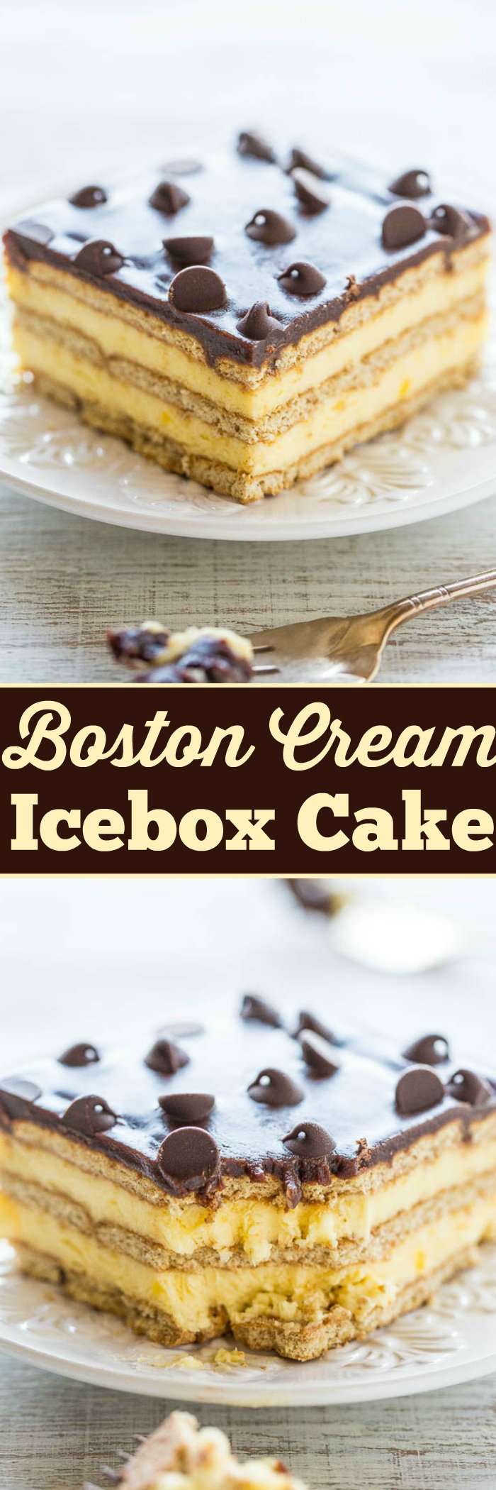 Boston Cream Icebox Cake - Boston cream PIE meets an ECLAIR in an easy no-mixer, no-bake dessert!! Vanilla pudding, whipped topping, graham crackers, and lots of chocolate! Perfect for parties or anytime you don't want to turn on your oven!!