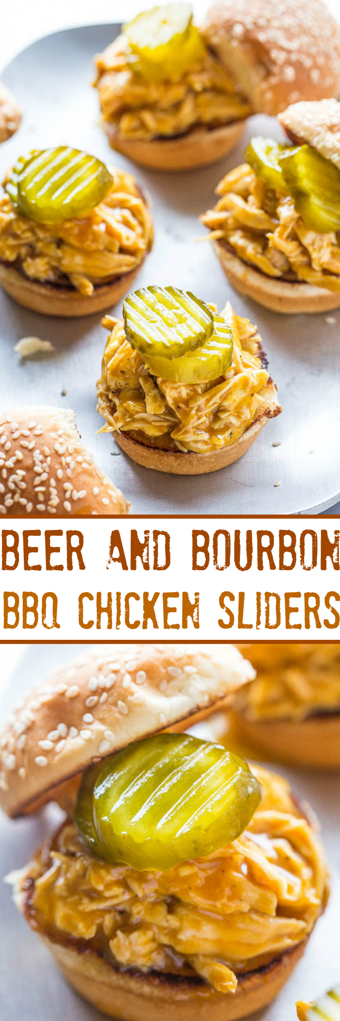 Beer and Bourbon Barbecue Chicken Sliders - Chicken is cooked with BEER and BOURBON before being soaked in BBQ SAUCE!! So juicy, flavorful, easy, and ready in 25 minutes! A guaranteed hit at parties!!