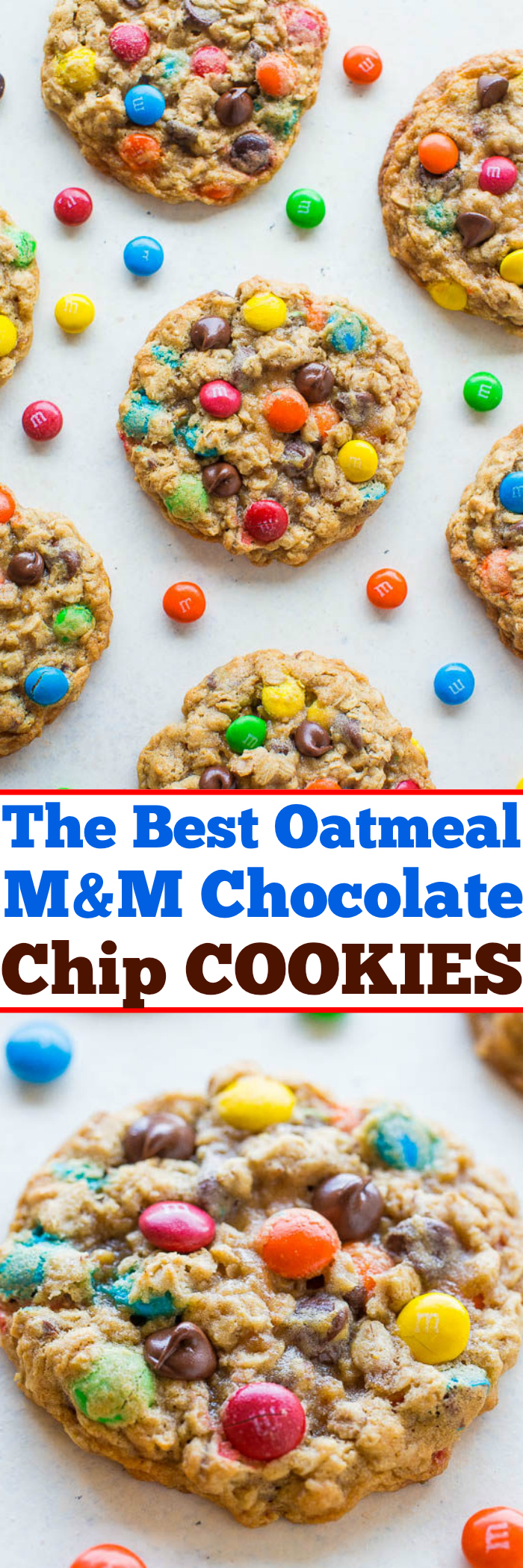 The Best Chocolate Chip Oatmeal M&M's Cookies — Soft, chewy, and LOADED with M&Ms and chocolate chips in every bite!! Make them today! The cookies are SO GOOD they got me a marriage proposal!!