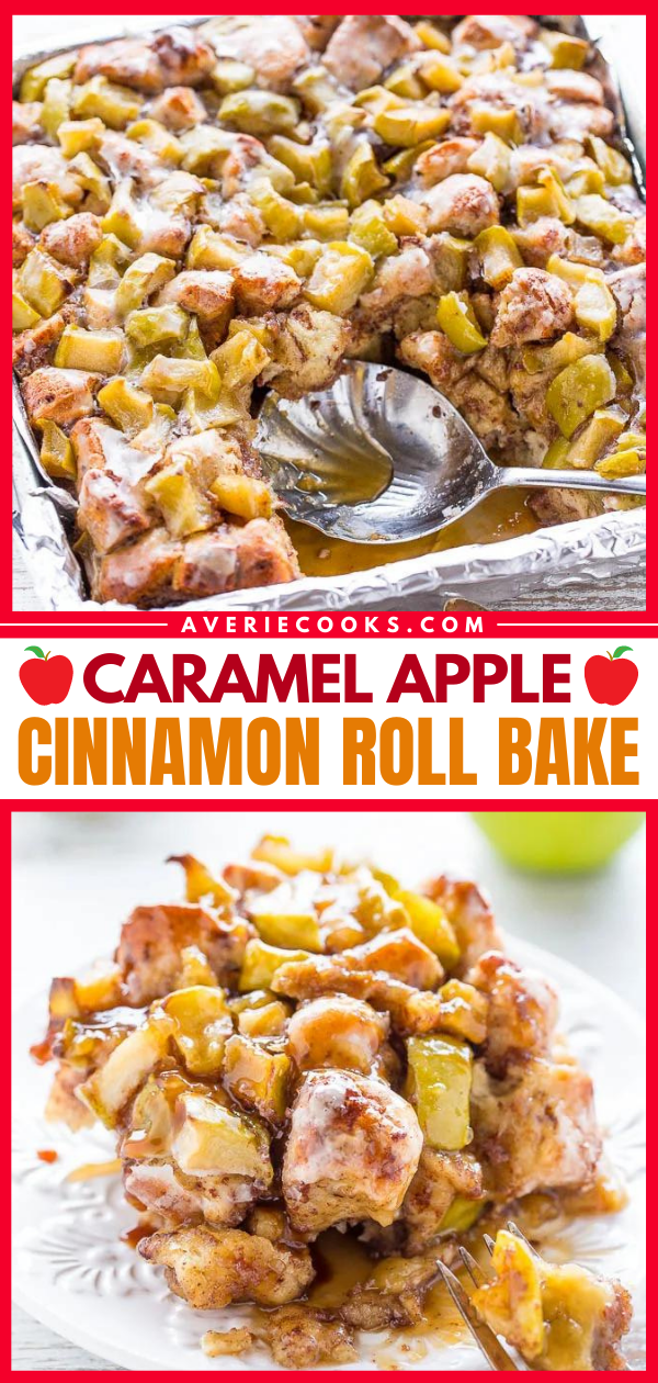 Caramel Apple Cinnamon Roll Bake - The soft and gooey factor of a CINNABON with apples and so much CARAMEL SAUCE!! Easy, ready in 30 minutes, and uses storebought cinnamon roll dough to save time! One of the BEST desserts ever!!