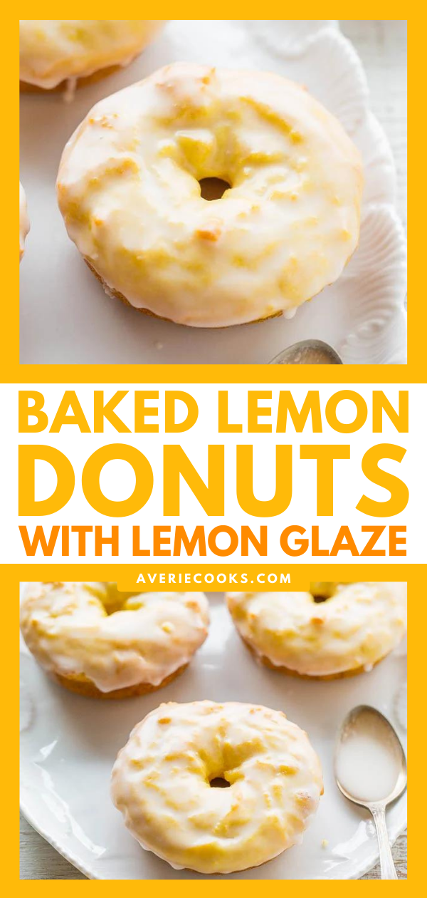 Baked Lemon Donuts with Lemon Glaze — These taste like the Starbucks lemon loaf, but in donut (or mini muffin) form!! Easy, no mixer recipe with a tart-yet-sweet lemon glaze that's PERFECT! Lemon lovers will adore them!!