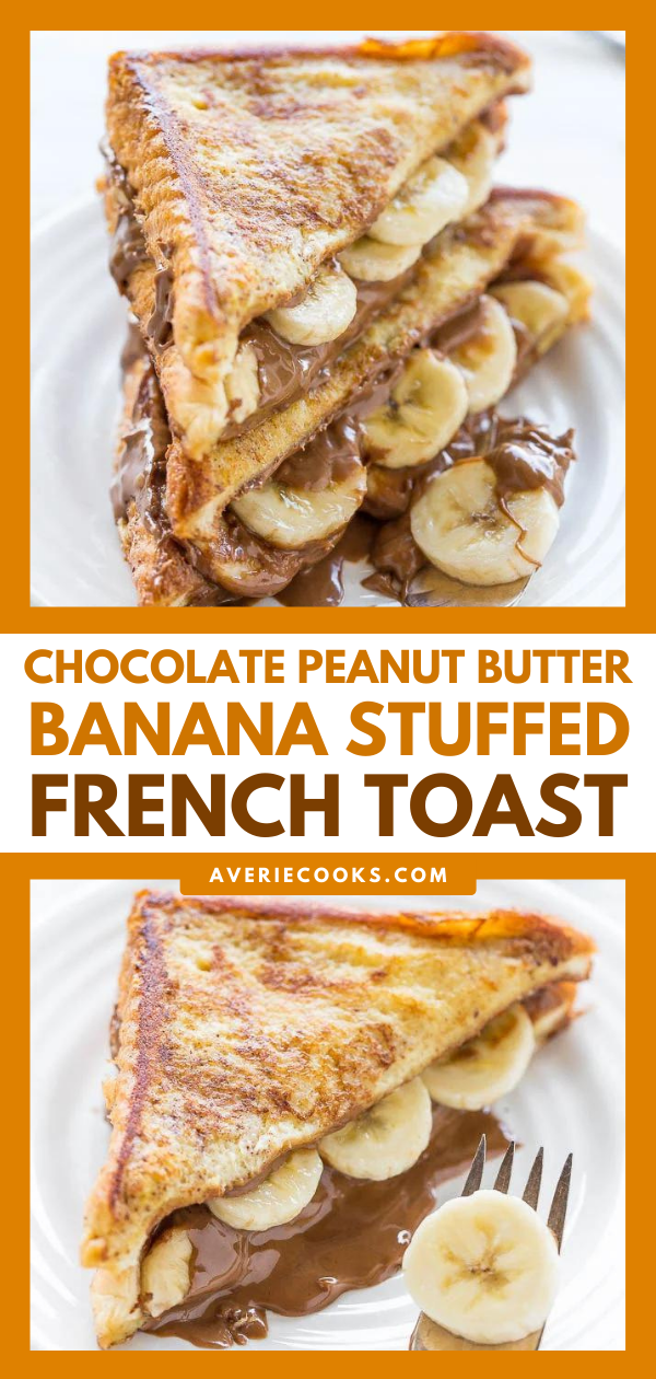 Chocolate Peanut Butter Banana-Stuffed French Toast - A decadent twist on peanut butter and banana sandwiches!! Great for lazy weekend mornings or holiday brunches! Easy and the BEST French toast ever!!