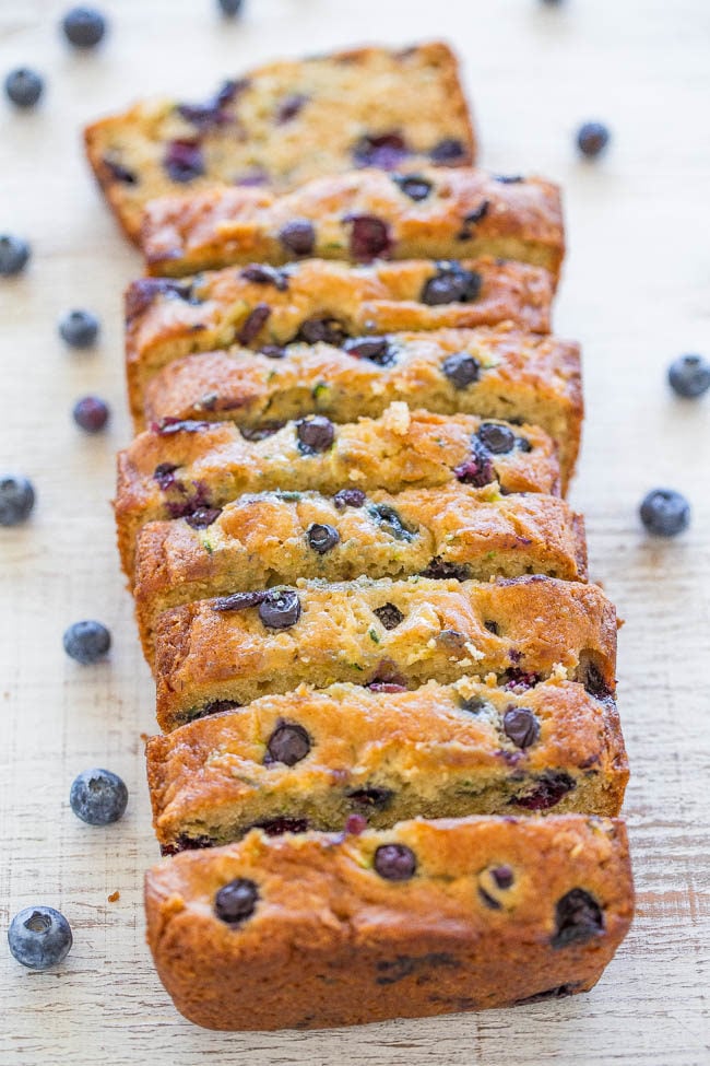 Blueberry Zucchini Bread - Juicy BLUEBERRIES in every bite of this soft, easy, no mixer bread!! If you have picky eaters who don't like zucchini, don't worry because you can't taste it! It keeps the bread tender and HEALTHIER!!