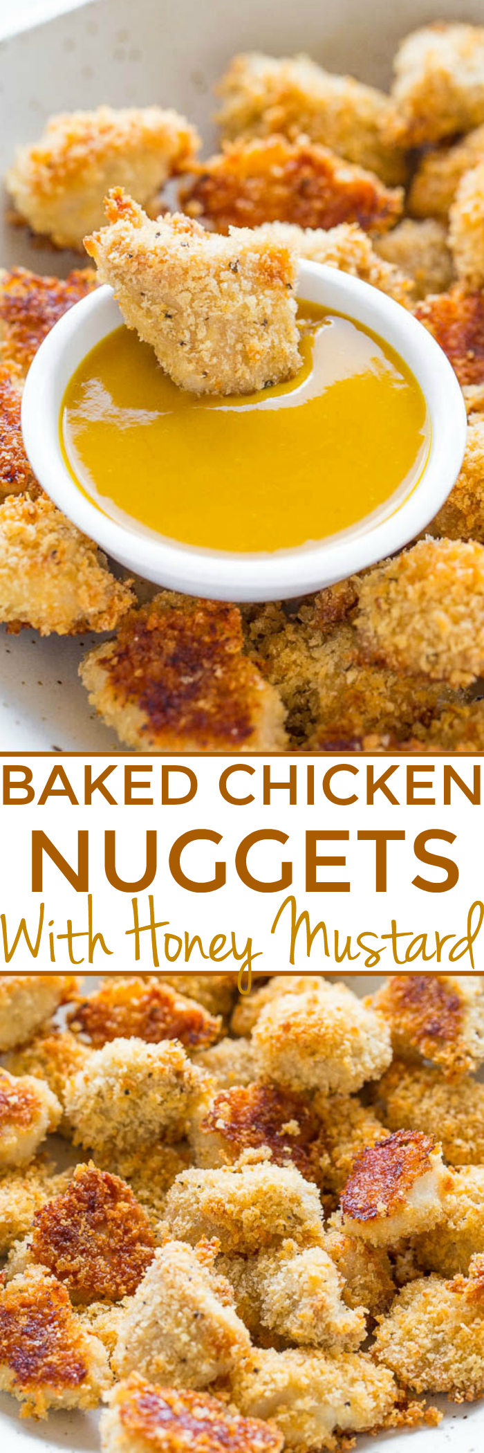 Baked Chicken Nuggets with Honey Mustard - You'll never guess they're BAKED and not fried!! CRISPY on the outside, tender and juicy inside! Goodbye storebought nuggets because homemade are way BETTER!!